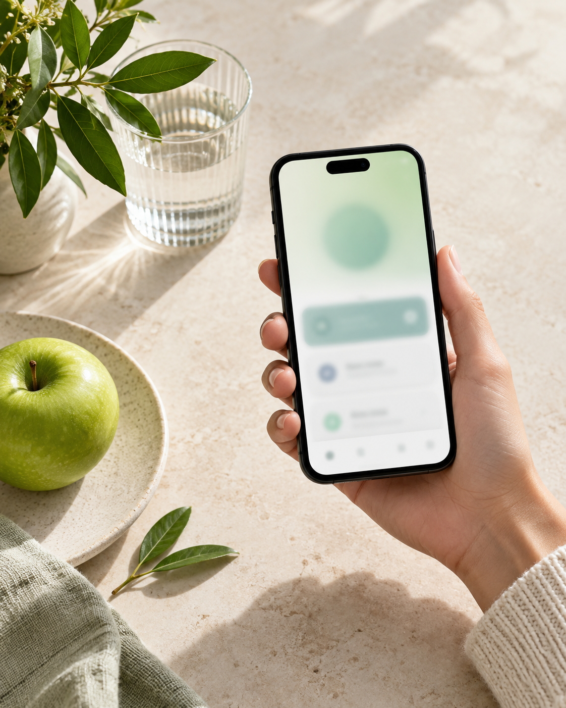 A person holding a phone beside fresh food and water in morning light